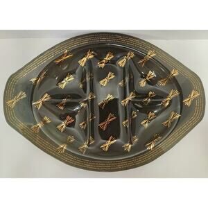 Vintage Black Divided Glass Tray with Gold Dragonfly Design – Mid Century Modern